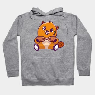 Cute Beaver Holding Wood Cartoon (2) Hoodie